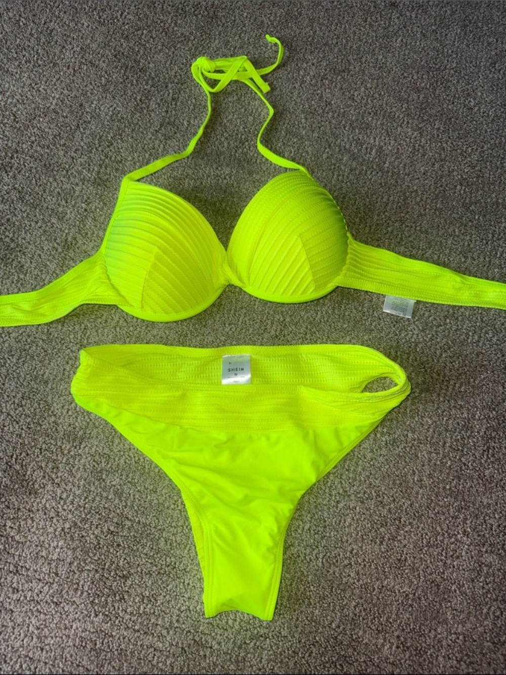 Shein Neon Yellow Ribbed Push-Up Bikini Set - Women Swim